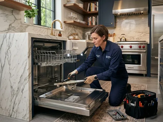 Appliance Repair Hero technician servicing a built-in dishwasher in a Boston, MA kitchen