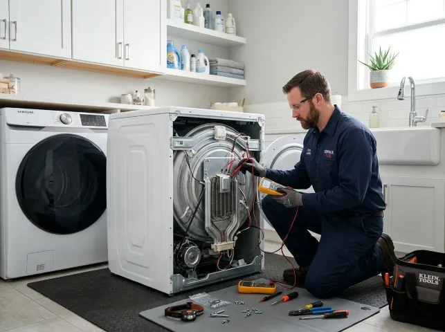 Appliance Repair Hero technician checking a dryer heating element with the rear panel off in Boston, MA