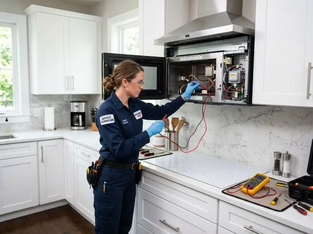 Appliance Repair Hero technician testing an over-the-range microwave in a Boston, MA kitchen