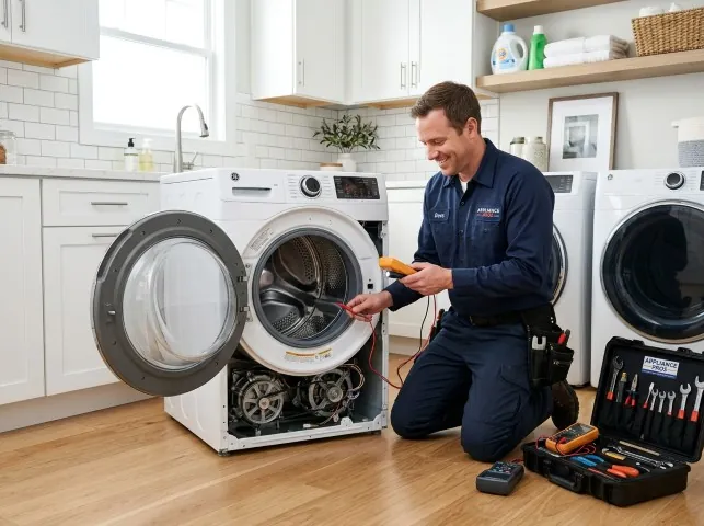 Appliance Repair Hero technician testing a front-load washer with a multimeter on a Boston, MA service call